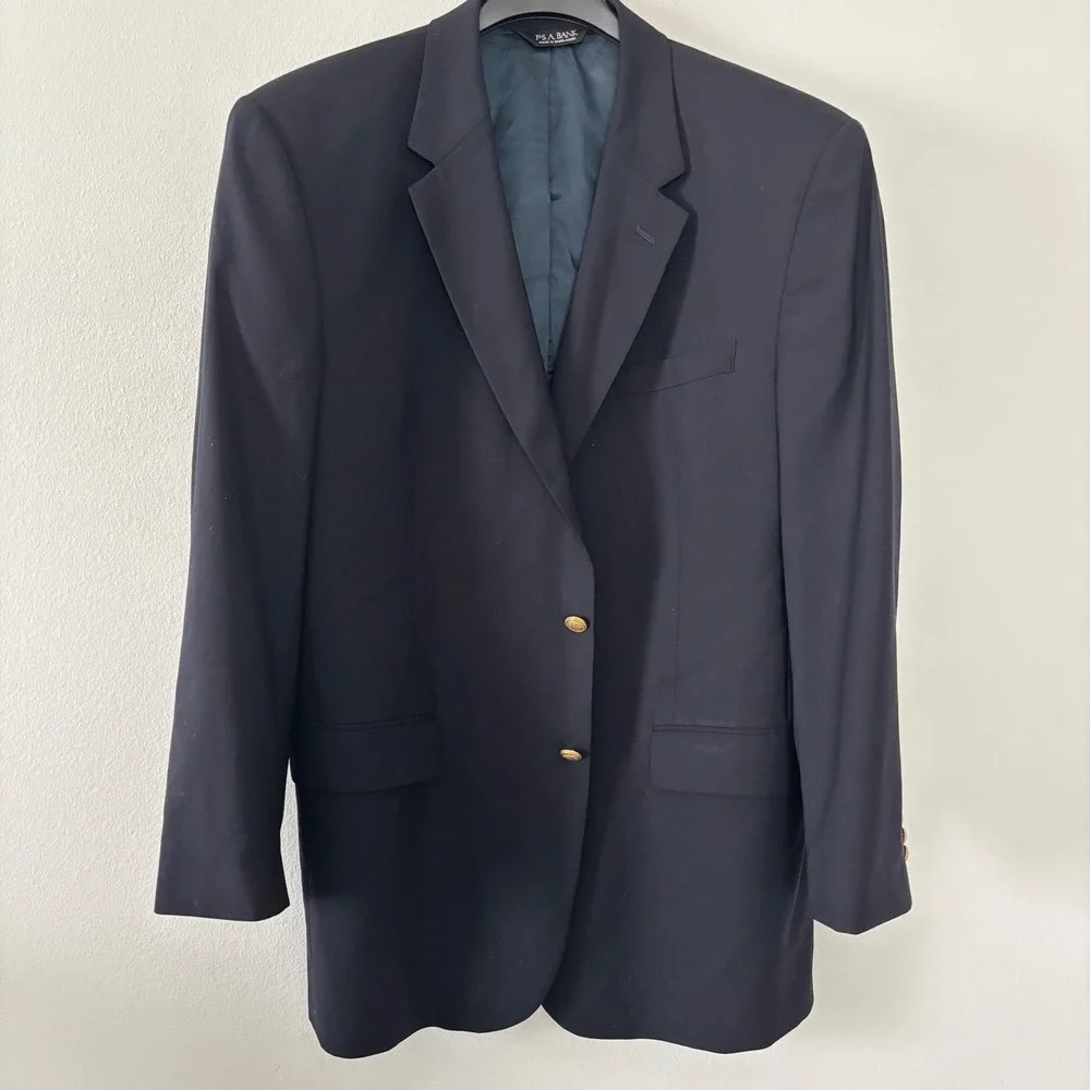 JoS A. Banks Mens 46L‎ Navy Wool Blazer Sport Jacket Gold Buttons Classic Fit